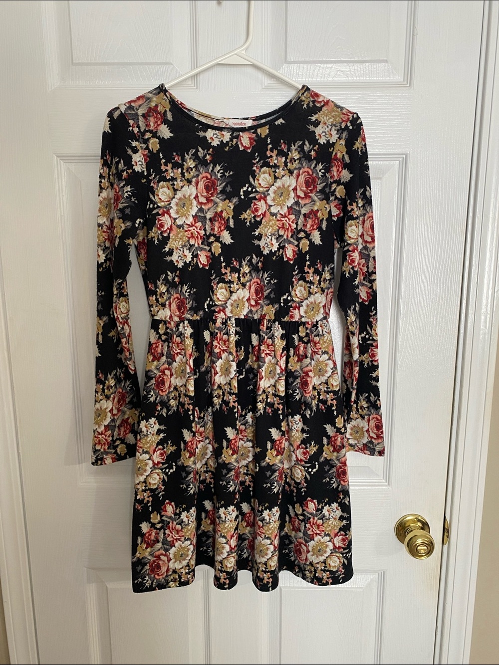 Floral Long-Sleeve Fit & Flare Dress in Black with Red & Cream Blooms